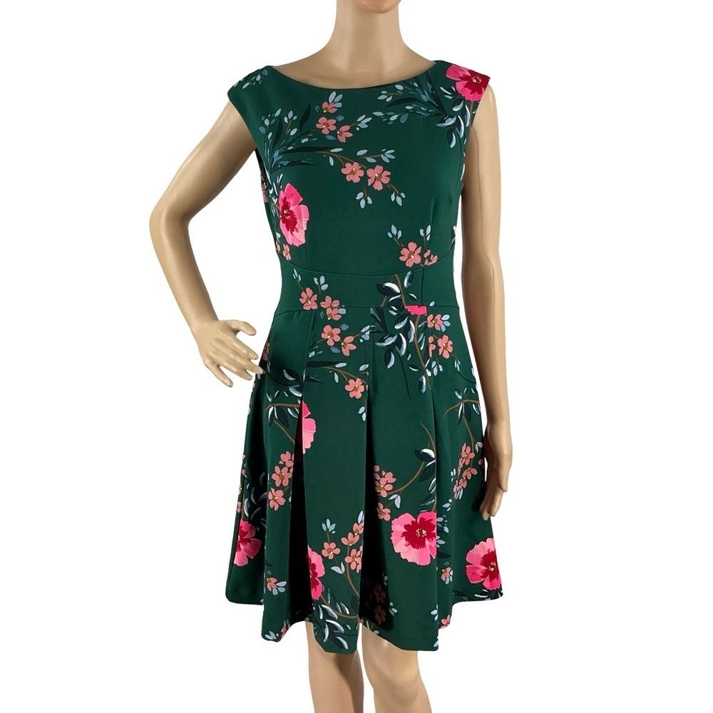Vince Camuto Floral Fit & Flare Dress Green Pink Garden Party Size 6